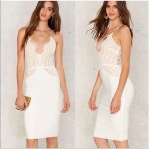 LUXXEL Lace For Words Plunging White Stretch Lace Bodycon